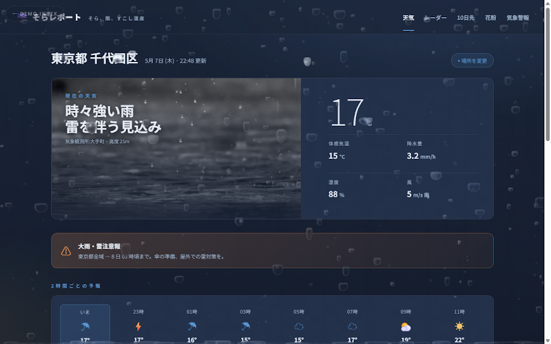天気予報サイトに雨を重ねたデモ